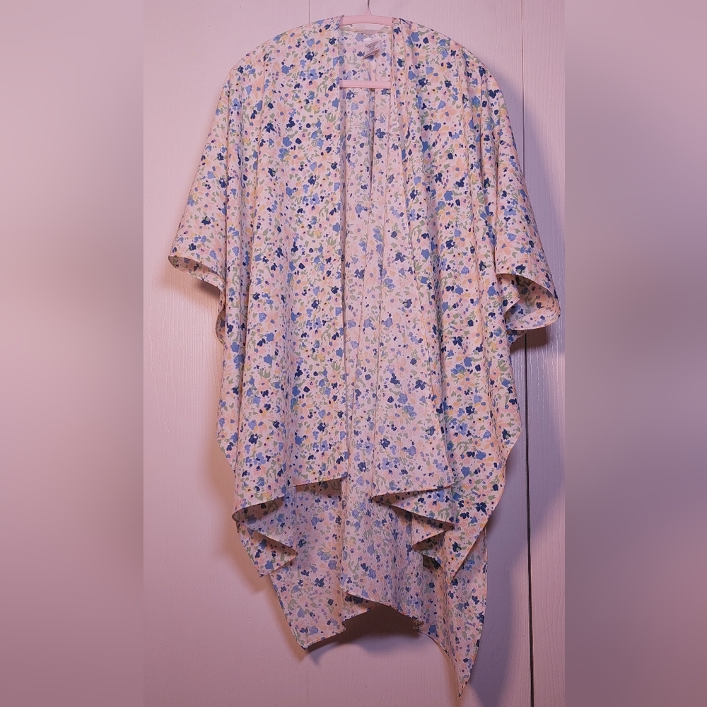 Colorful Floral Size OS Open-Front Kimono Cover-Up Poncho Flowy Drapy Boho - Picture 4 of 12